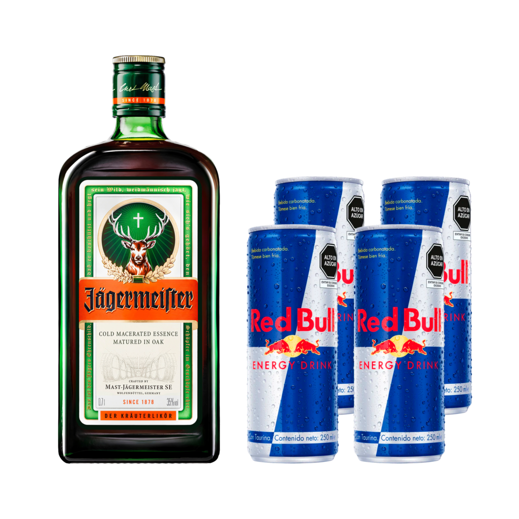 Pack Licor JAGERMEISTER Original Botella 700ml + 04 Bebida energizante RED BULL Lata 250ml